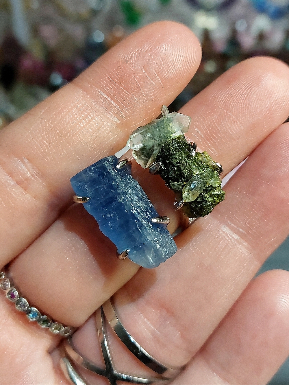 🪨⚒️ Epidote Quartz & Raw Mongolian Blue Fluorite Specimen Ring
